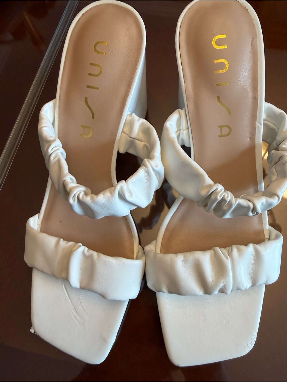 Unisa White Ruched Strap Slide Sandals